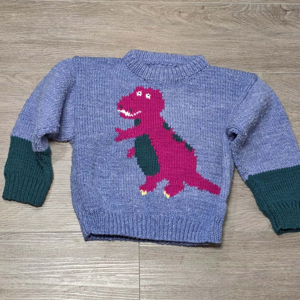 Handmade Knit Dinosaur Sweater Kids Size 5-6 Blue Green Purple/Pink Dino